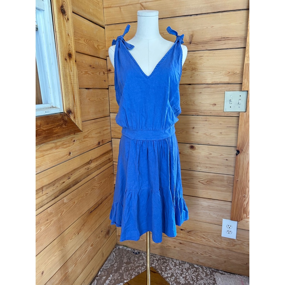 Linen Blend Sundress Women Large Royal Blue Shoulder Tie Tiered Ruffle Justina - Picture 2 of 14
